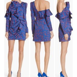 Self-Portrait Dress Blue Red Asymmetrical Ruffle Long Sleeve Floral 6